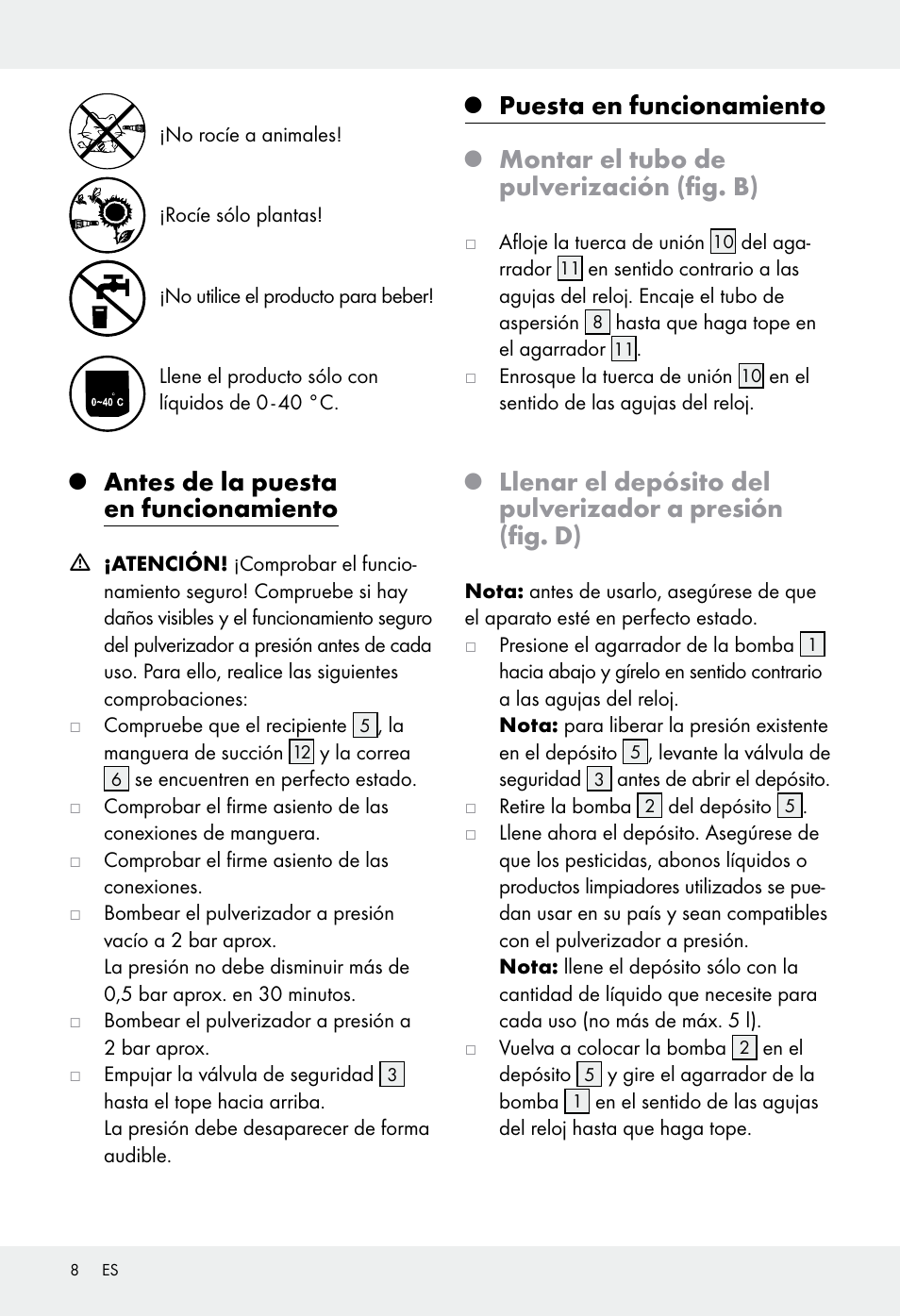 Antes de la puesta en funcionamiento, Puesta en funcionamiento, Montar el tubo de pulverización (fig. b) | Florabest Z31339 User Manual | Page 8 / 35