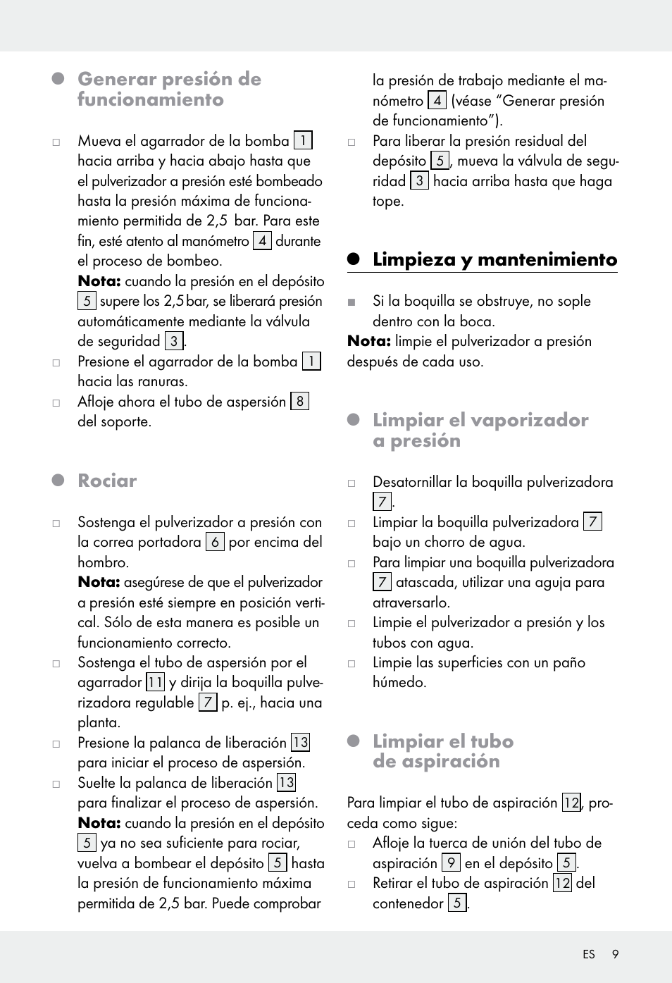 Generar presión de funcionamiento, Rociar, Limpieza y mantenimiento | Limpiar el vaporizador a presión, Limpiar el tubo de aspiración | Florabest Z31339 User Manual | Page 9 / 35