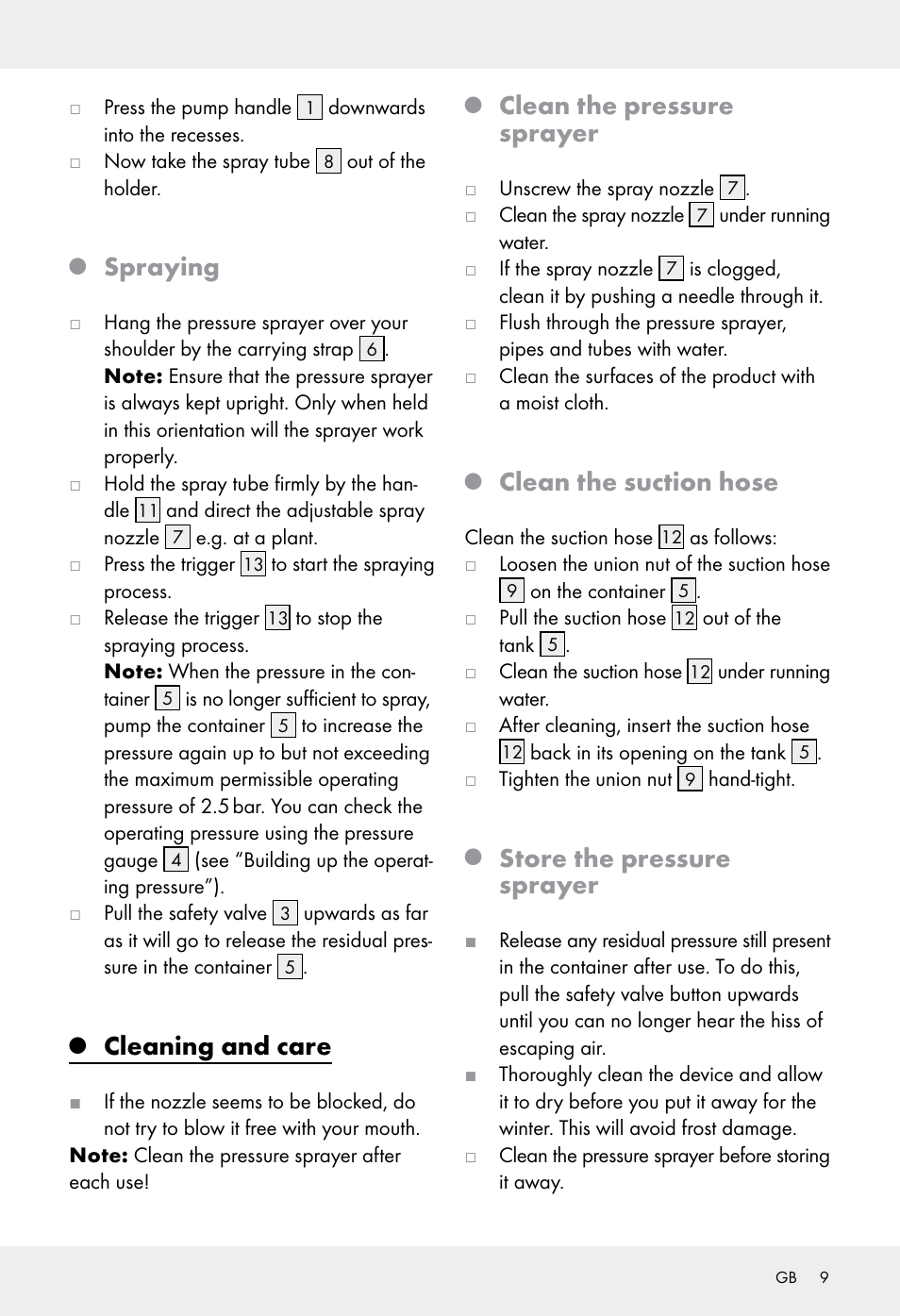 Spraying, Cleaning and care, Clean the pressure sprayer | Clean the suction hose, Store the pressure sprayer | Florabest Z31339 User Manual | Page 9 / 46