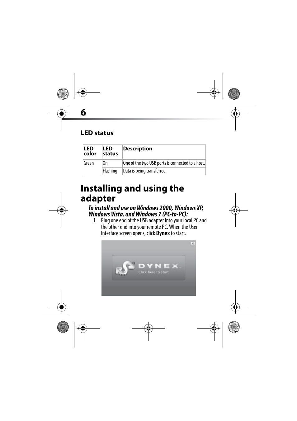 Led status, Installing and using the adapter | Dynex DX-C114191 User Manual | Page 6 / 31