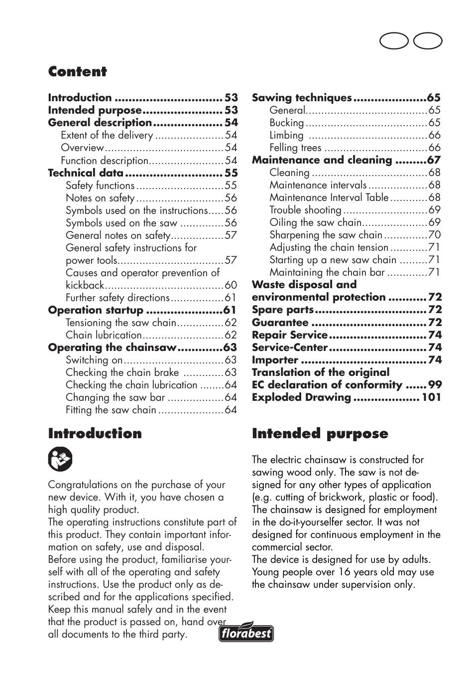 Introduction, Content, Intended purpose | Mt gb | Florabest FKS 2200 D2 User Manual | Page 53 / 104