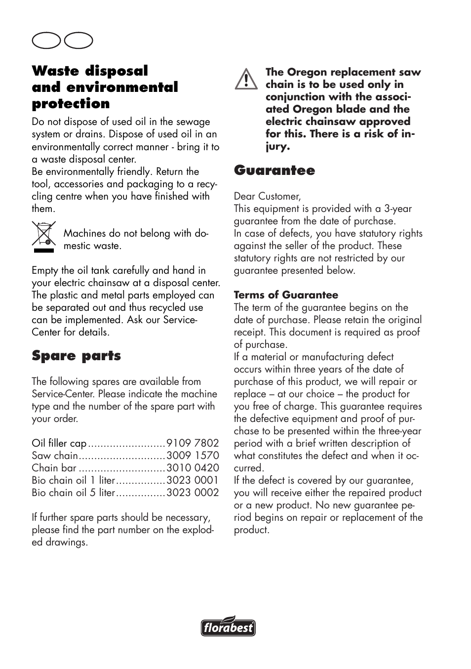 Guarantee, Waste disposal and environmental protection, Spare parts | Gb mt | Florabest FKS 2200 D2 User Manual | Page 72 / 104