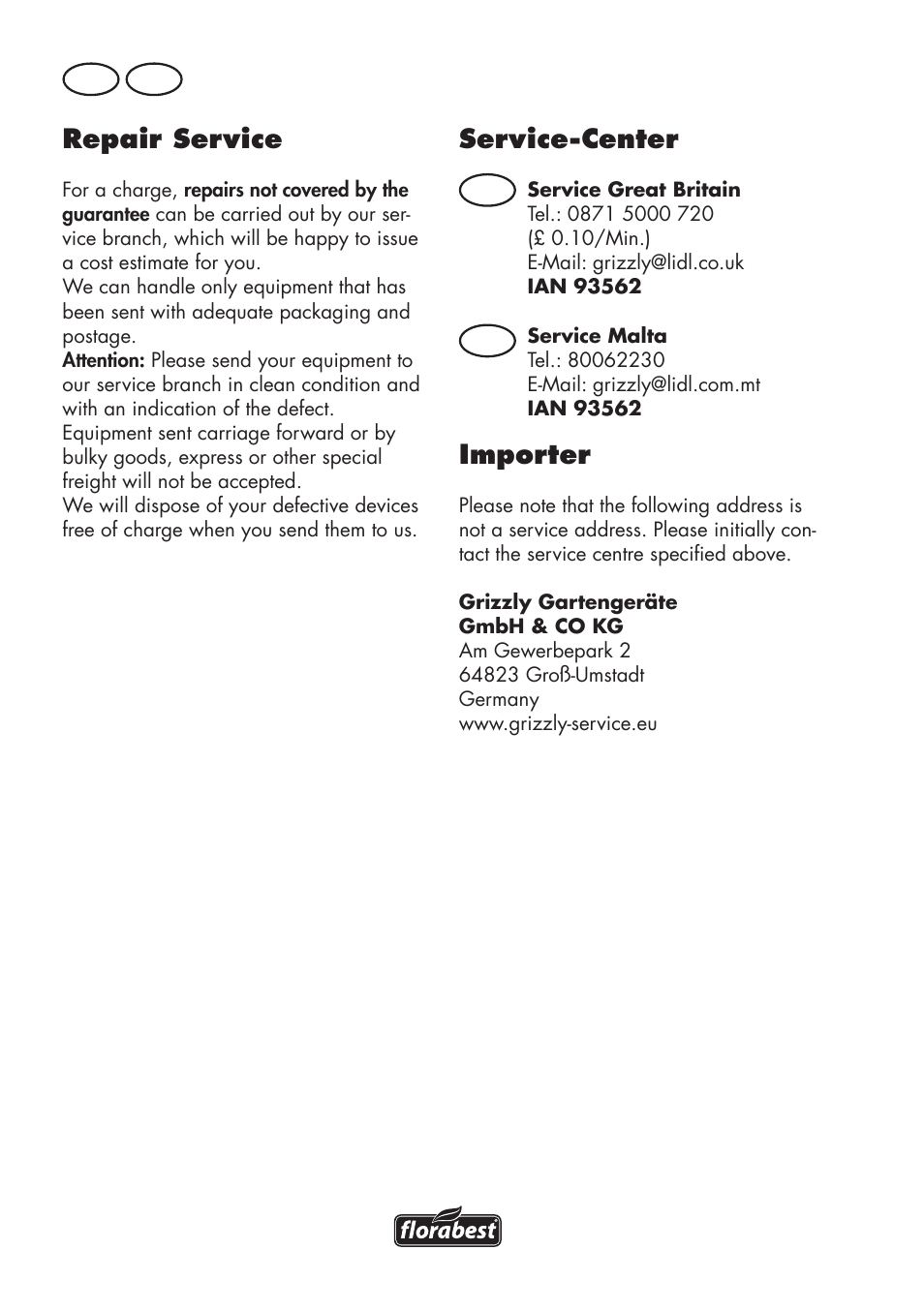 Repair service, Service-center, Importer | Gb mt | Florabest FKS 2200 D2 User Manual | Page 74 / 104