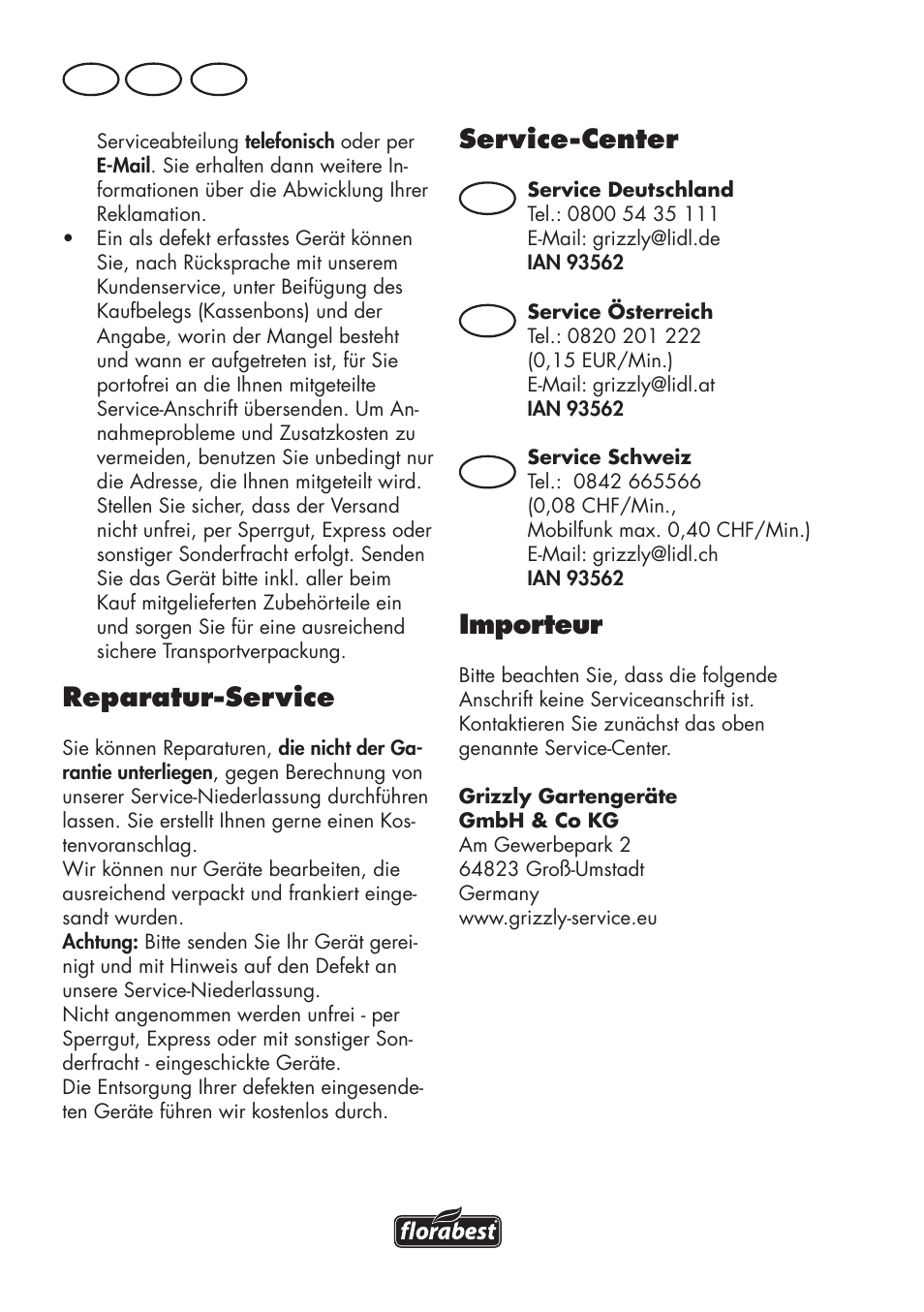 Service-center, Importeur, Reparatur-service | De at ch | Florabest FKS 2200 D2 User Manual | Page 98 / 104