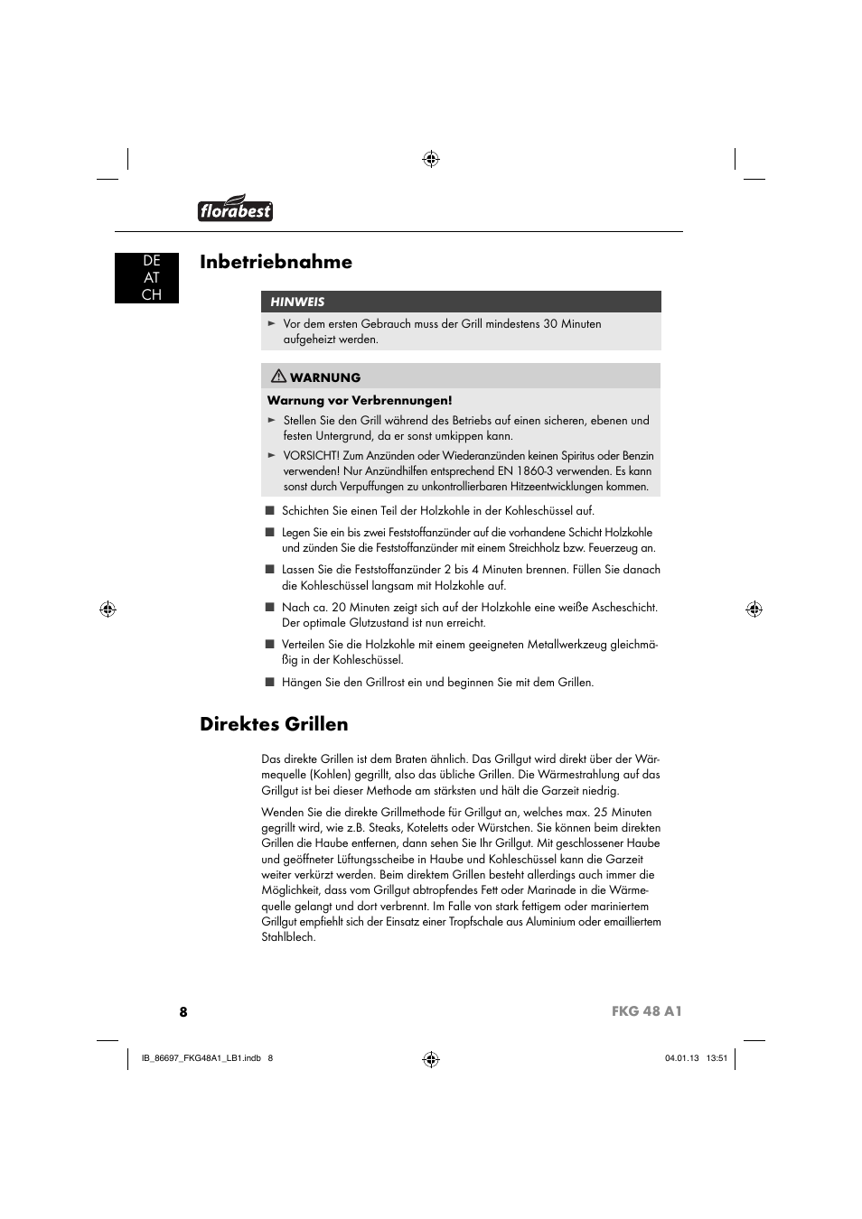 Inbetriebnahme, Direktes grillen, De at ch | Florabest FKG 48 A1 User Manual | Page 11 / 52