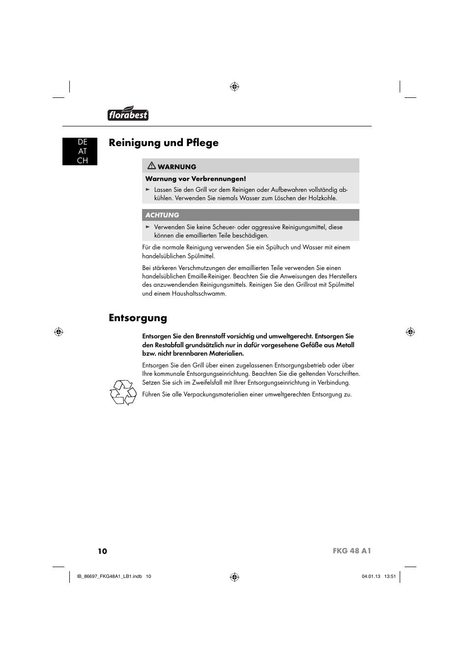 Reinigung und pﬂ ege, Entsorgung, De at ch | Florabest FKG 48 A1 User Manual | Page 13 / 52