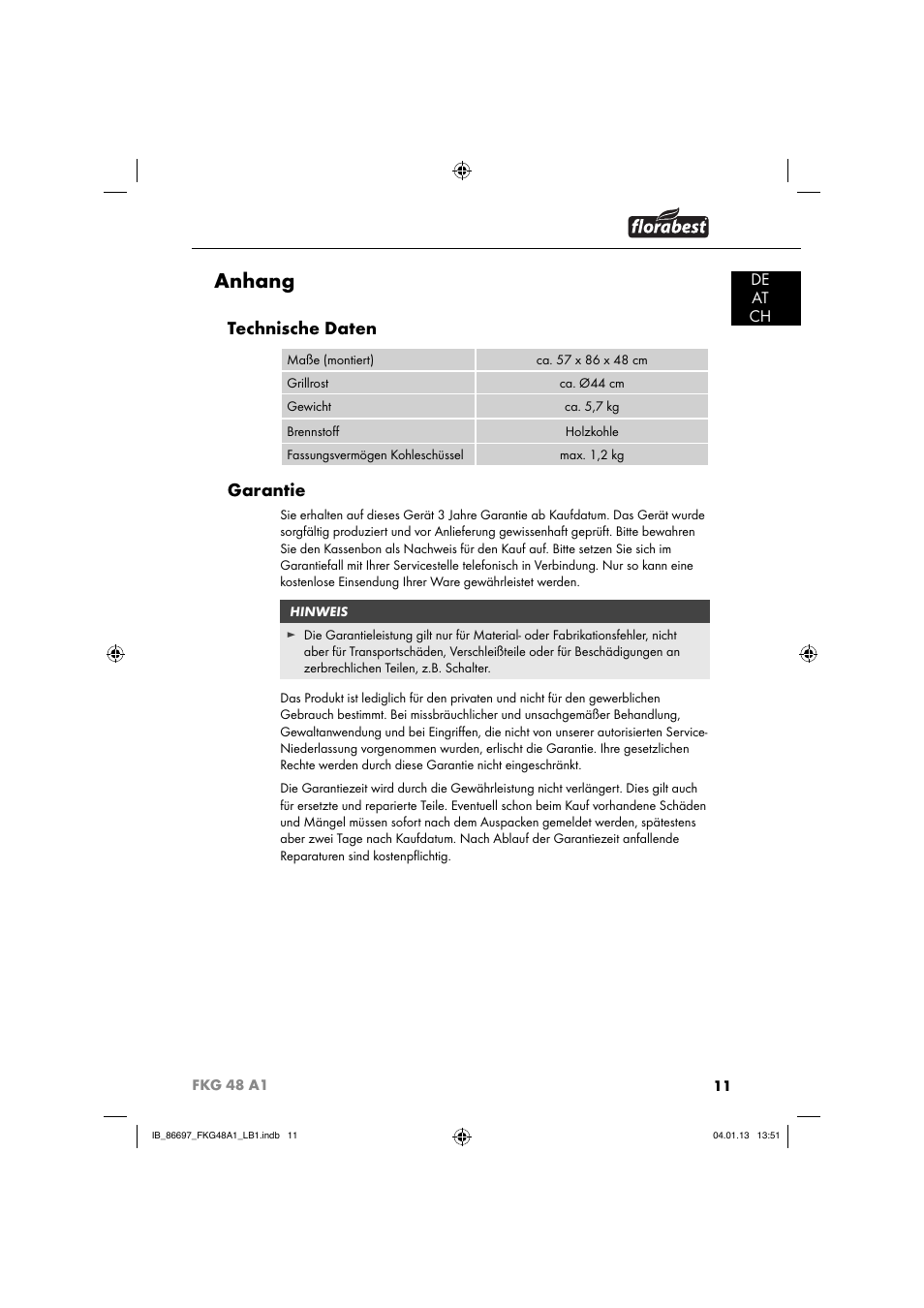 Anhang, Technische daten, Garantie | De at ch | Florabest FKG 48 A1 User Manual | Page 14 / 52