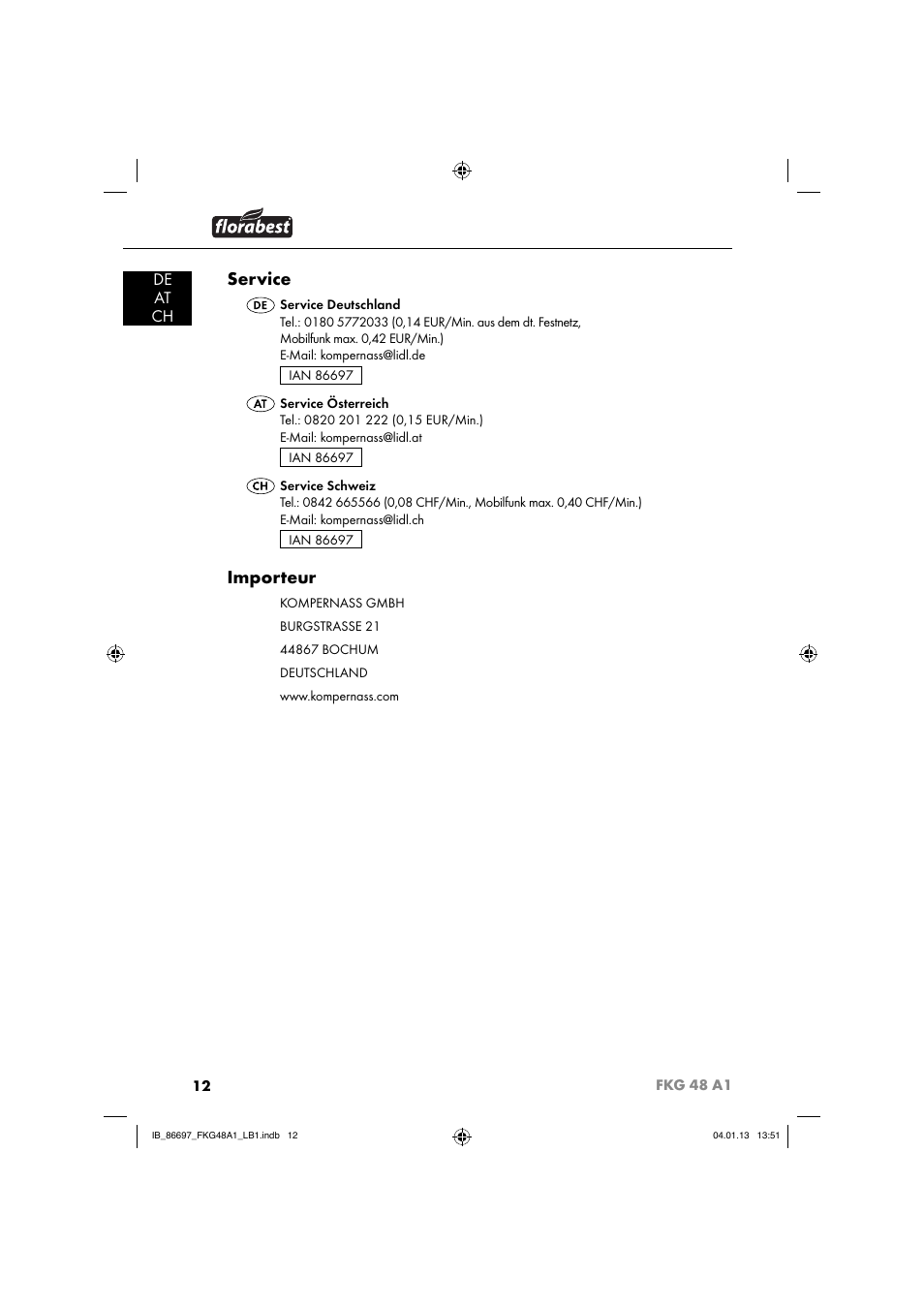 Service, Importeur, De at ch | Florabest FKG 48 A1 User Manual | Page 15 / 52