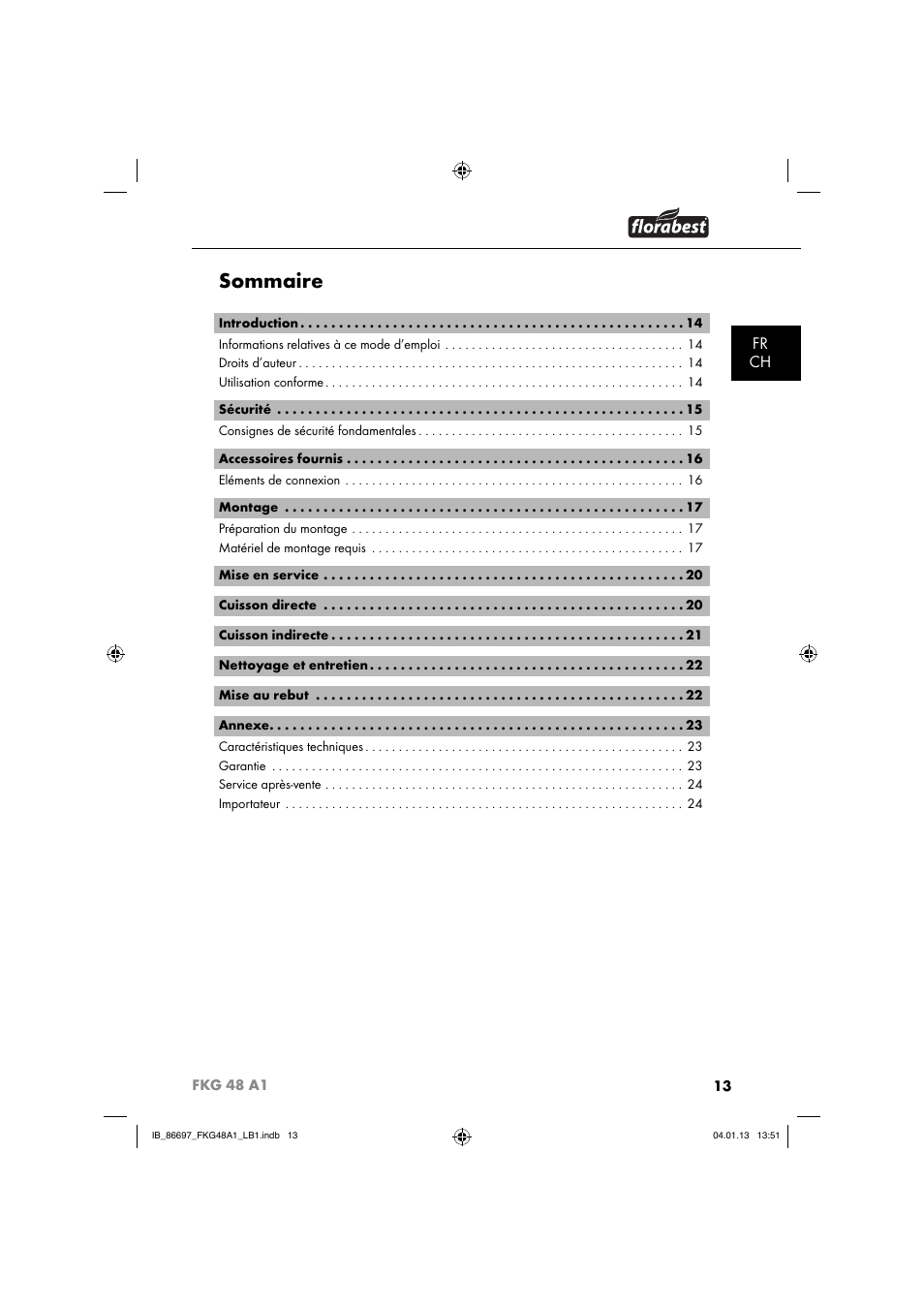Sommaire, Fr ch | Florabest FKG 48 A1 User Manual | Page 16 / 52