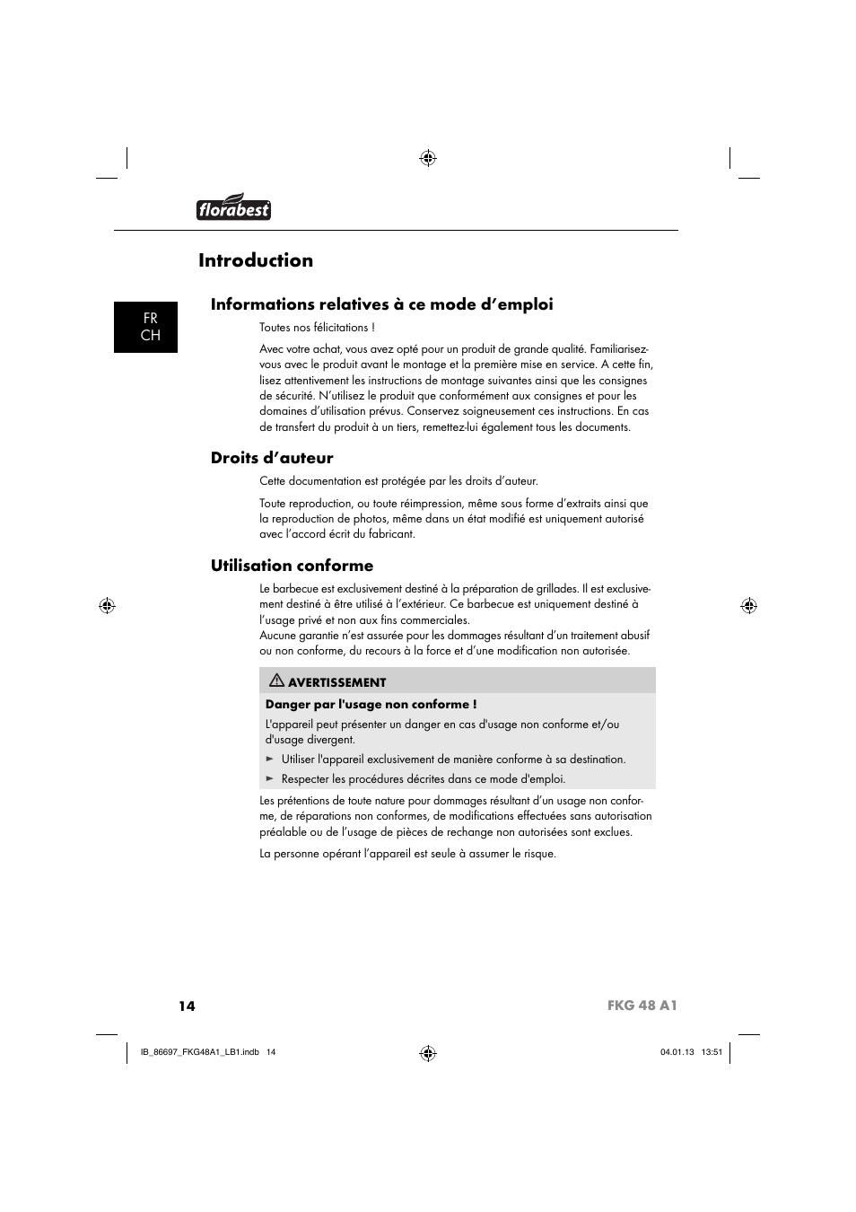 Introduction, Informations relatives à ce mode d’emploi, Droits d’auteur | Utilisation conforme, Fr ch | Florabest FKG 48 A1 User Manual | Page 17 / 52