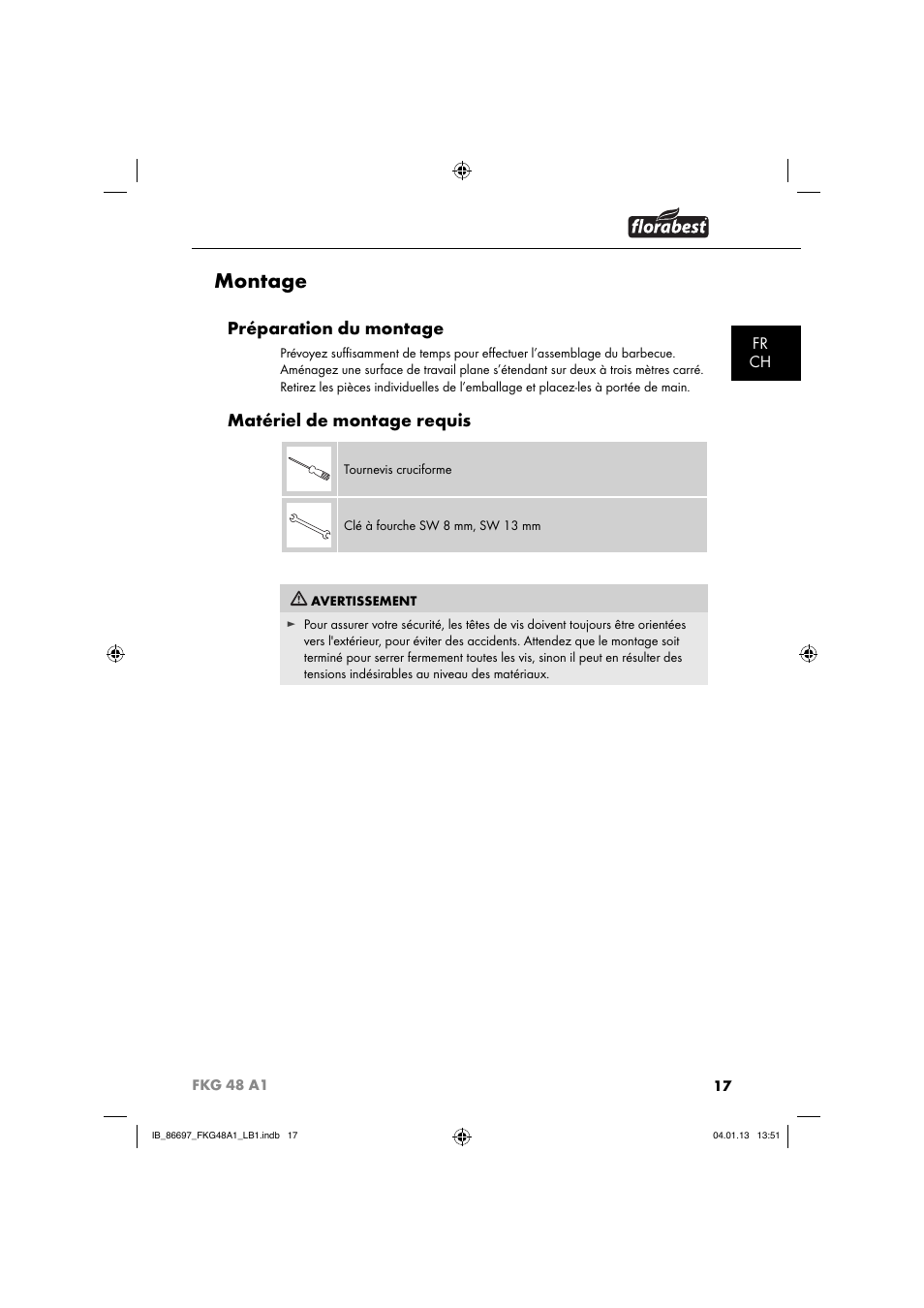Montage, Préparation du montage, Matériel de montage requis | Fr ch | Florabest FKG 48 A1 User Manual | Page 20 / 52