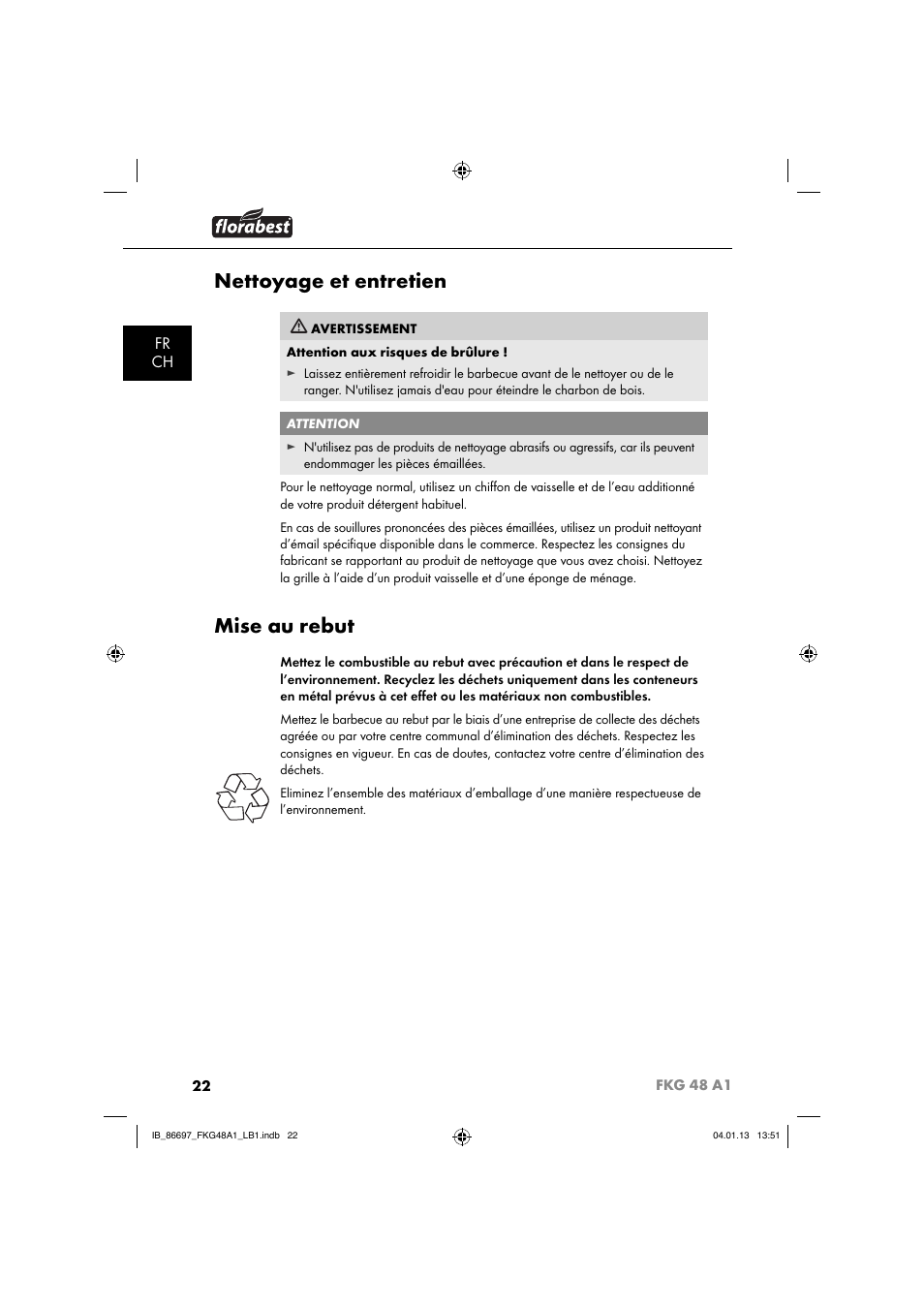 Nettoyage et entretien, Mise au rebut, Fr ch | Florabest FKG 48 A1 User Manual | Page 25 / 52