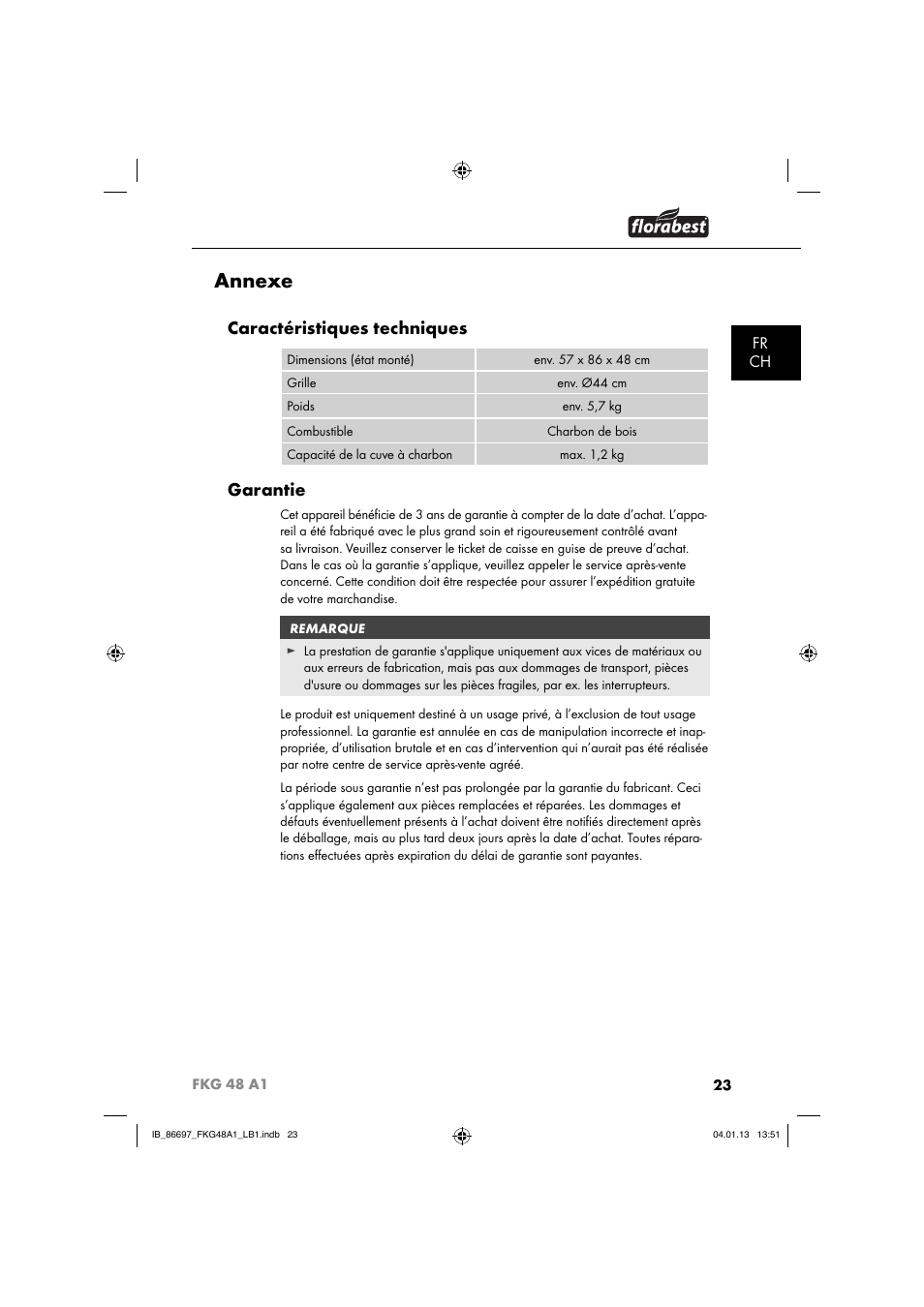 Annexe, Caractéristiques techniques, Garantie | Fr ch | Florabest FKG 48 A1 User Manual | Page 26 / 52