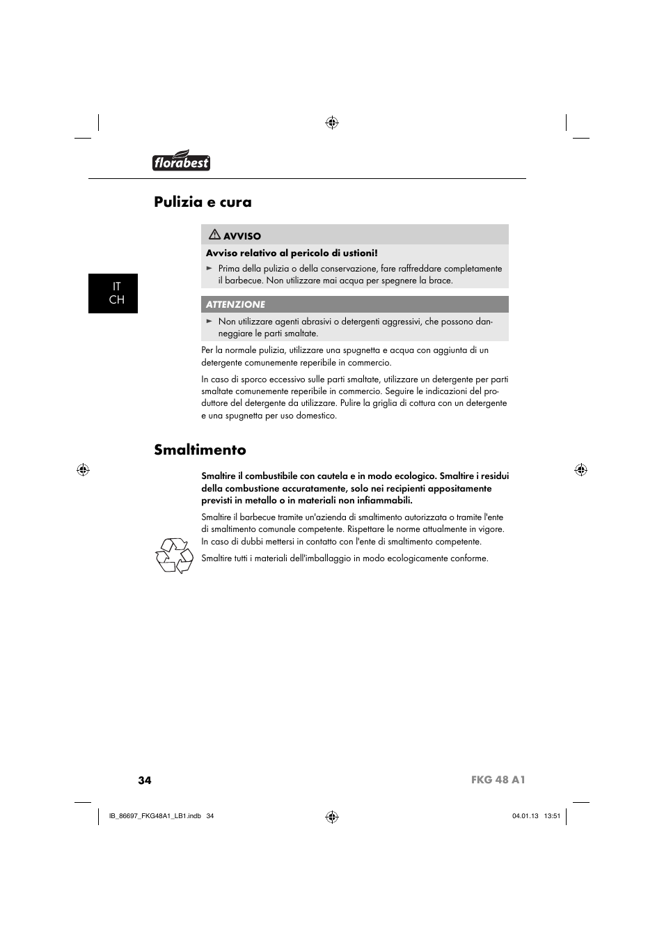 Pulizia e cura, Smaltimento, It ch | Florabest FKG 48 A1 User Manual | Page 37 / 52