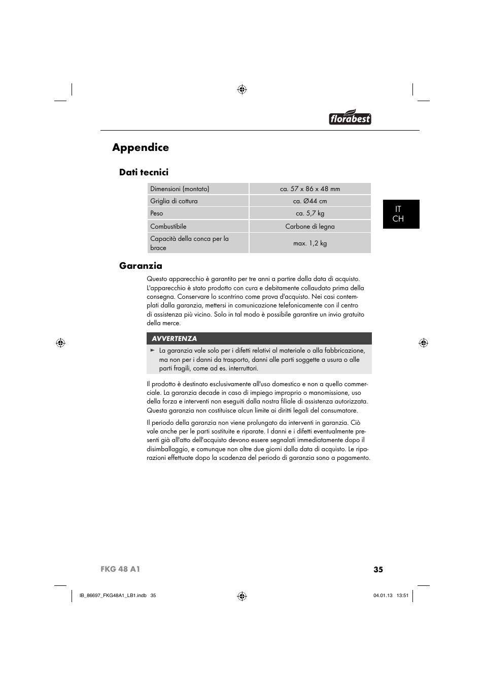 Appendice, Dati tecnici, Garanzia | It ch | Florabest FKG 48 A1 User Manual | Page 38 / 52