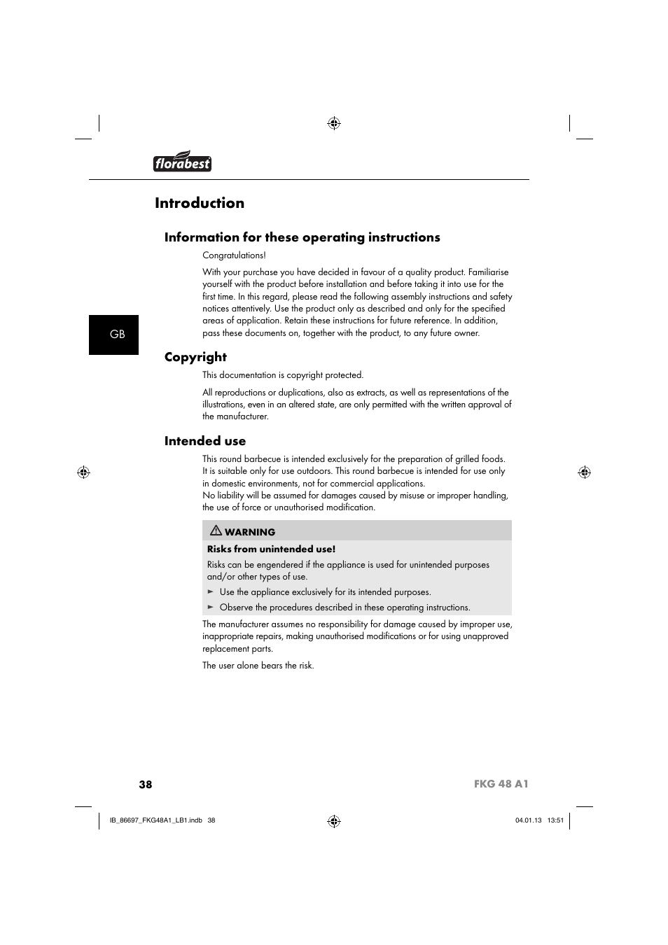 Introduction, Information for these operating instructions, Copyright | Intended use | Florabest FKG 48 A1 User Manual | Page 41 / 52