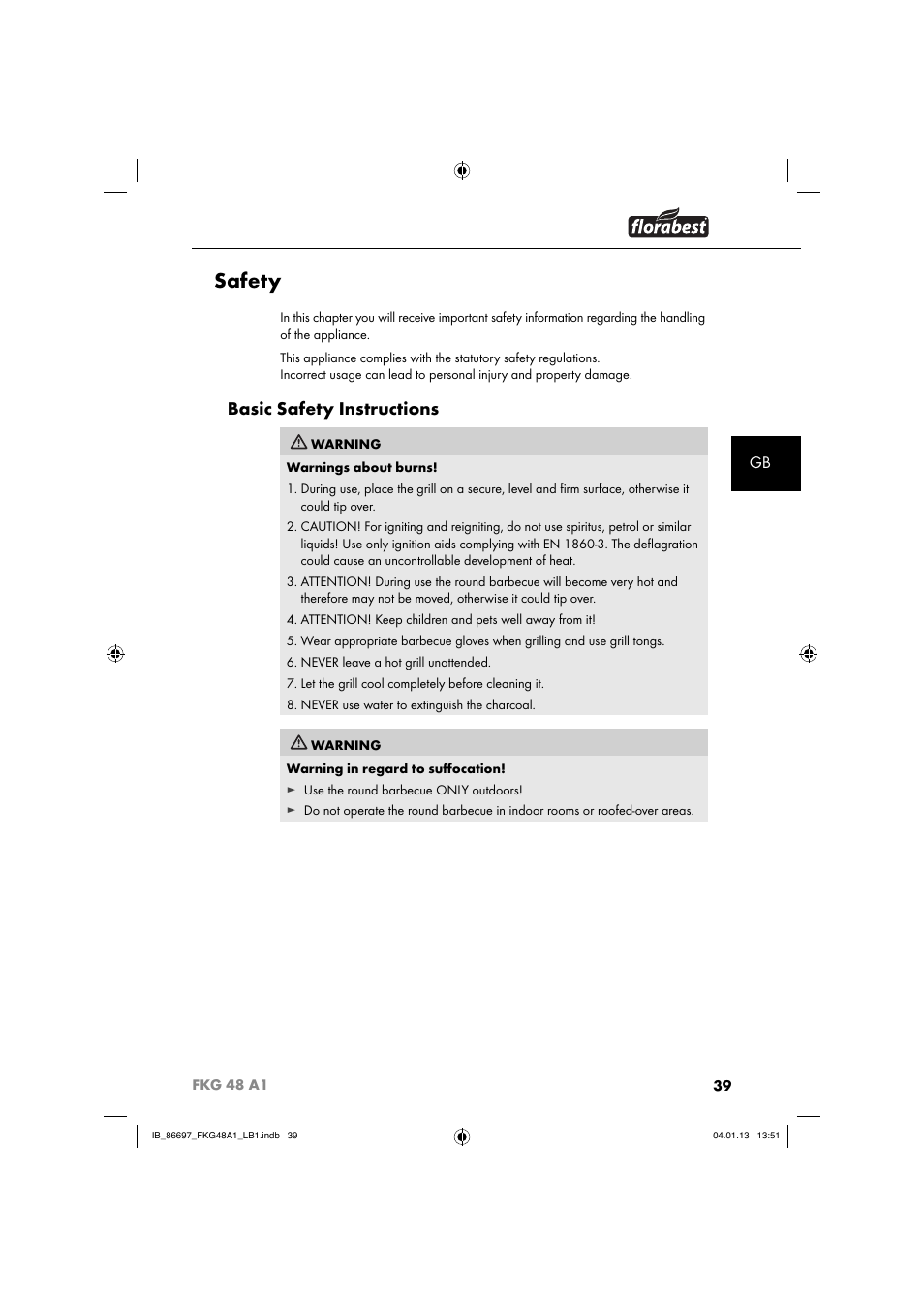 Safety, Basic safety instructions | Florabest FKG 48 A1 User Manual | Page 42 / 52