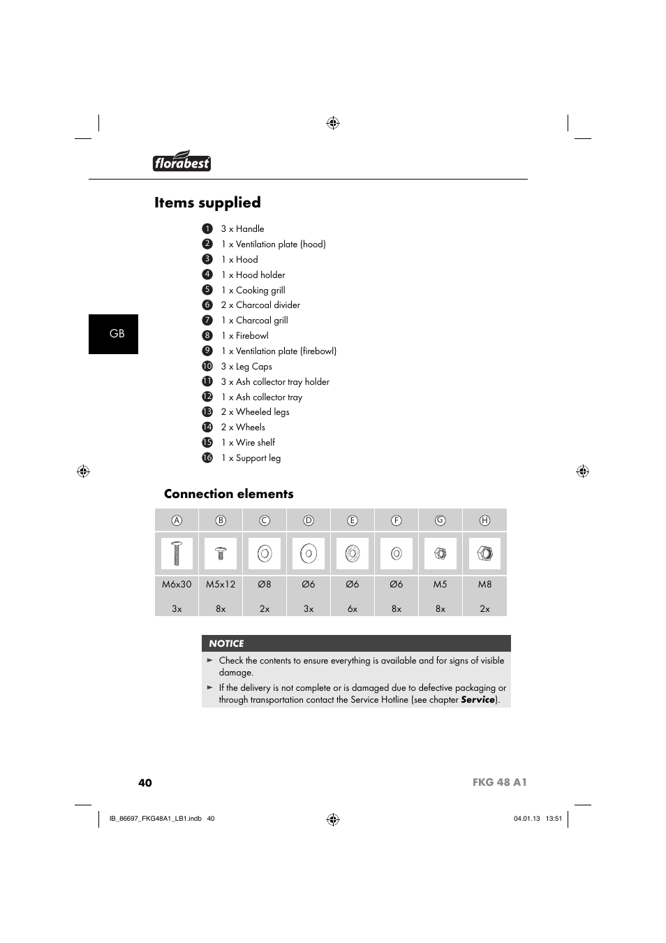 Items supplied, Connection elements | Florabest FKG 48 A1 User Manual | Page 43 / 52