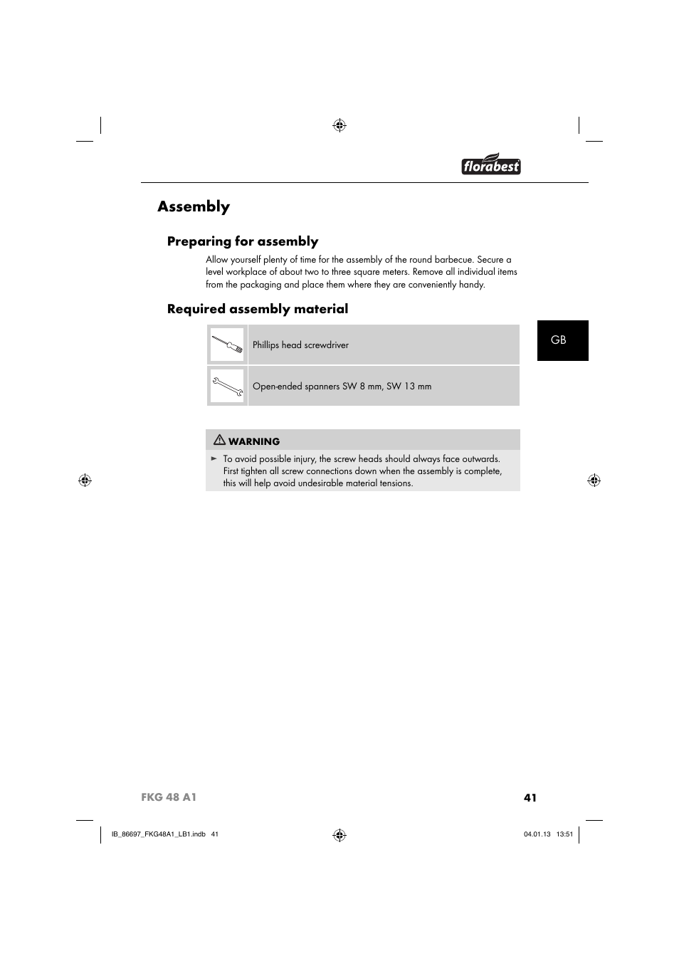 Assembly, Preparing for assembly, Required assembly material | Florabest FKG 48 A1 User Manual | Page 44 / 52