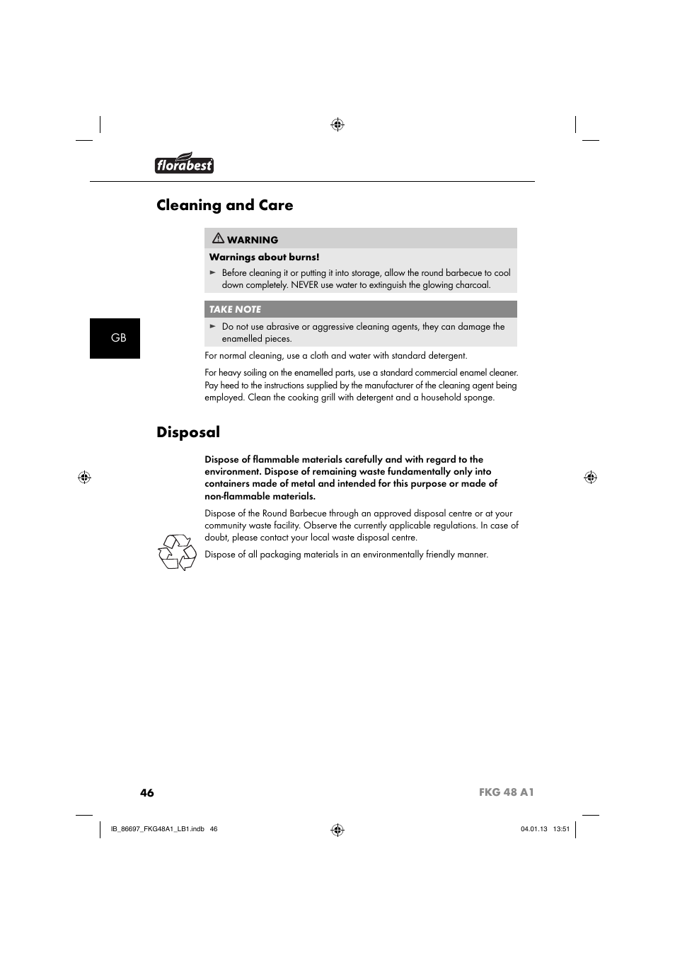Cleaning and care, Disposal | Florabest FKG 48 A1 User Manual | Page 49 / 52