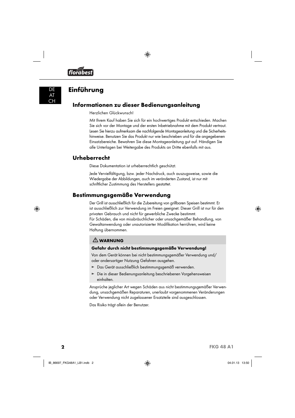 Einführung, Informationen zu dieser bedienungsanleitung, Urheberrecht | Bestimmungsgemäße verwendung, De at ch | Florabest FKG 48 A1 User Manual | Page 5 / 52