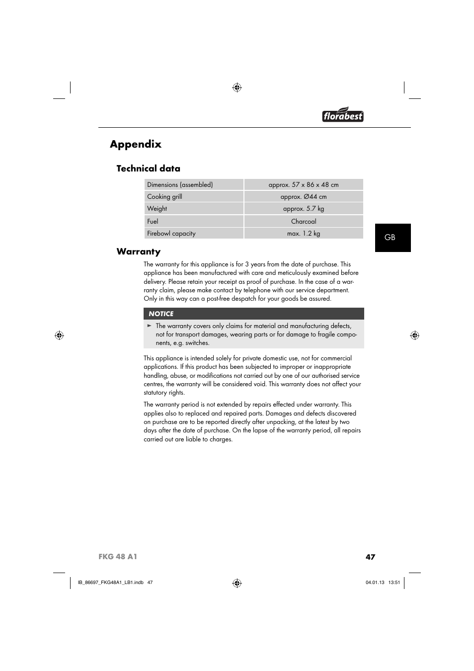 Appendix, Technical data, Warranty | Florabest FKG 48 A1 User Manual | Page 50 / 52
