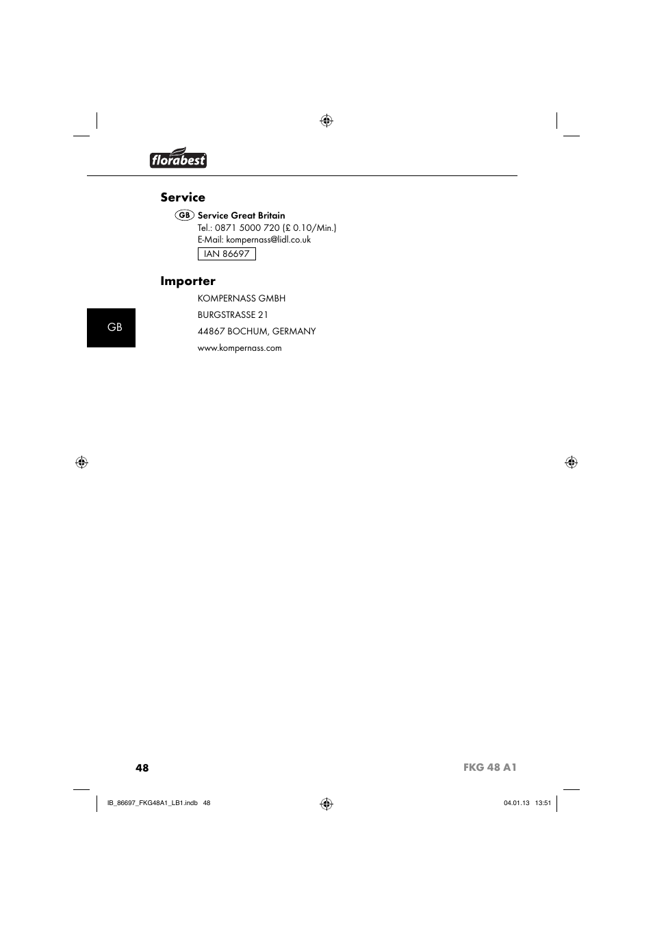 Service, Importer | Florabest FKG 48 A1 User Manual | Page 51 / 52