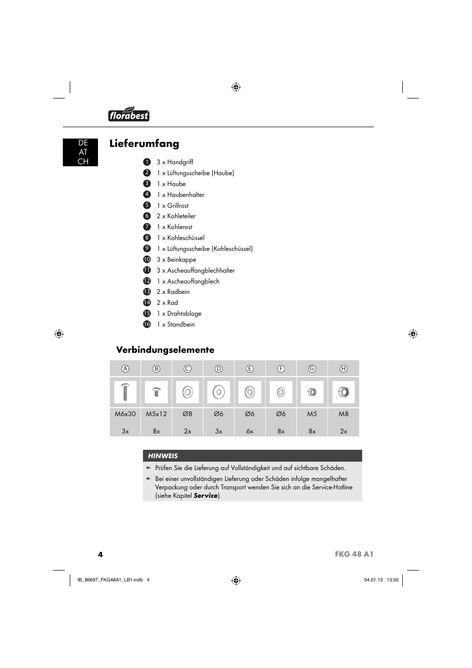 Lieferumfang, Verbindungselemente, De at ch | Florabest FKG 48 A1 User Manual | Page 7 / 52