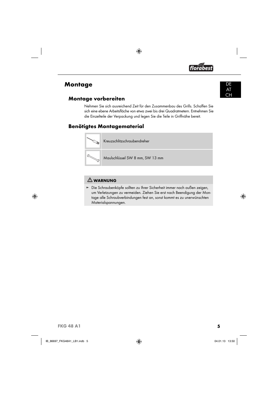Montage, Montage vorbereiten, Benötigtes montagematerial | De at ch | Florabest FKG 48 A1 User Manual | Page 8 / 52
