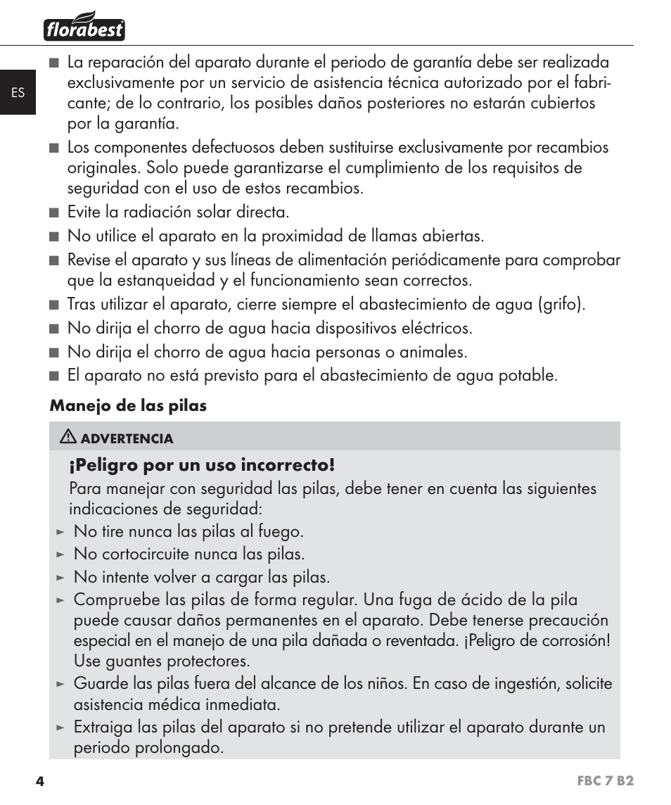 Evite la radiación solar directa, No tire nunca las pilas al fuego, No cortocircuite nunca las pilas | No intente volver a cargar las pilas | Florabest FBC 7 B2 User Manual | Page 11 / 87
