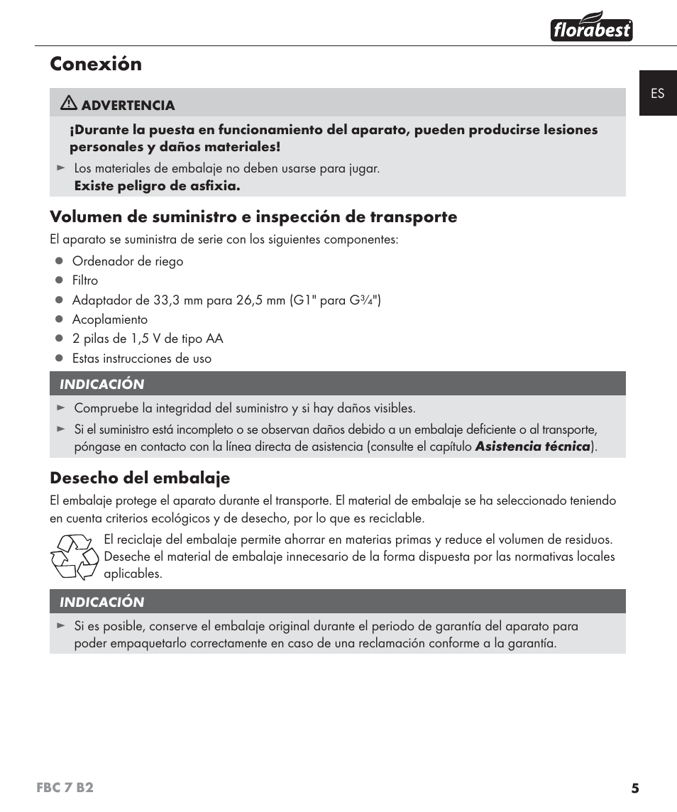 Conexión, Volumen de suministro e inspección de transporte, Desecho del embalaje | Florabest FBC 7 B2 User Manual | Page 12 / 87