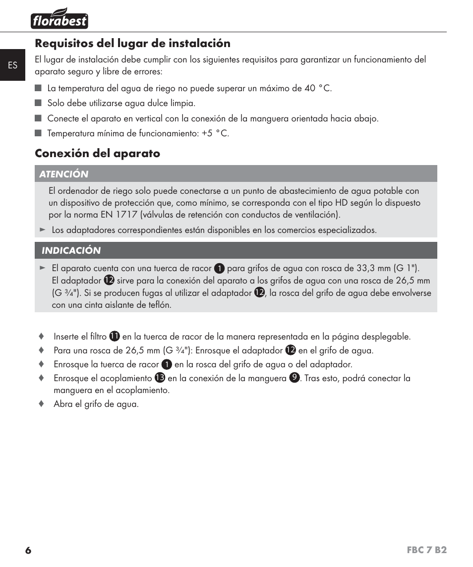 Requisitos del lugar de instalación, Conexión del aparato | Florabest FBC 7 B2 User Manual | Page 13 / 87