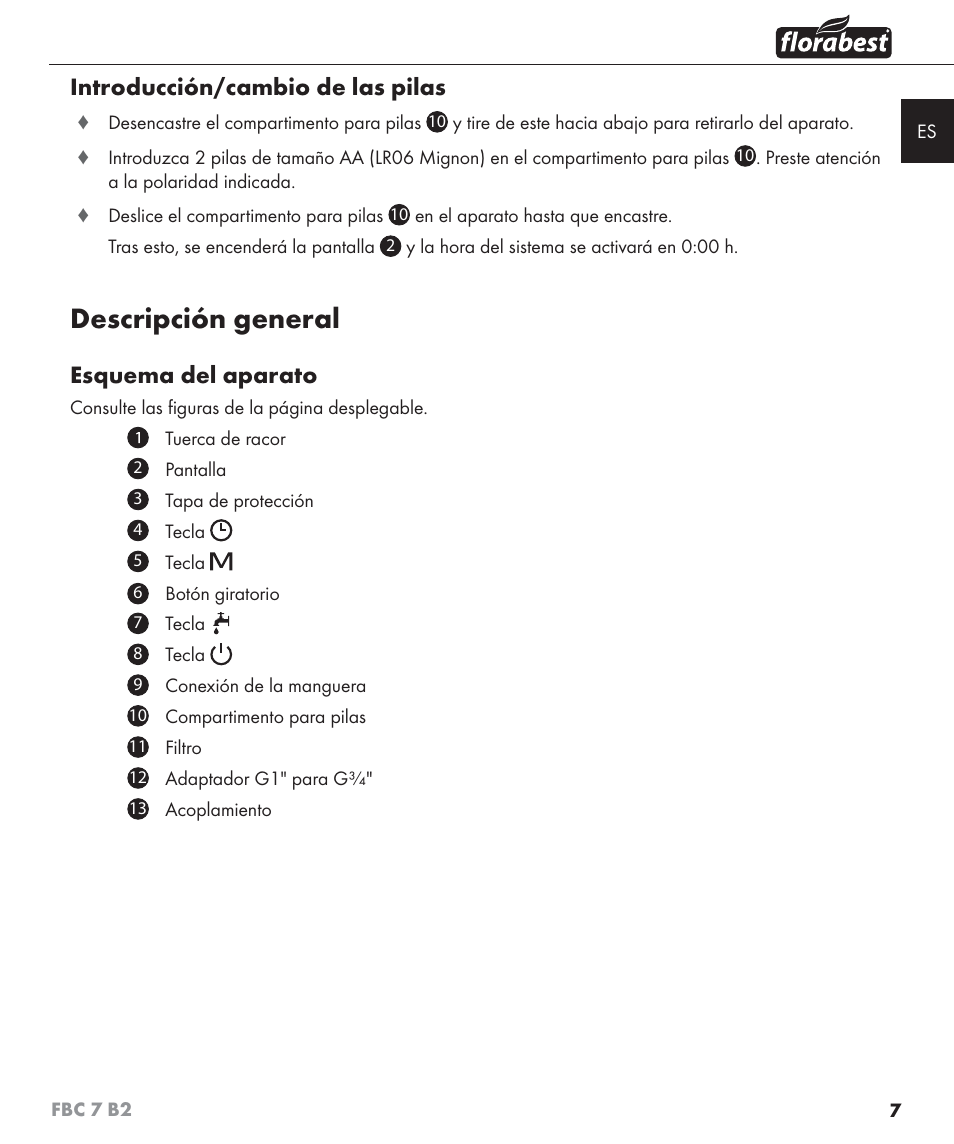 Descripción general, Introducción/cambio de las pilas, Esquema del aparato | Florabest FBC 7 B2 User Manual | Page 14 / 87