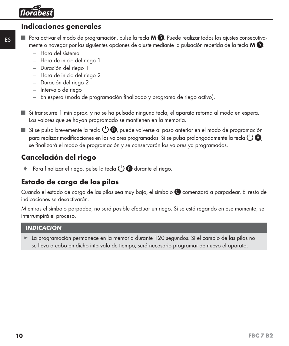 Indicaciones generales, Cancelación del riego, Estado de carga de las pilas | Florabest FBC 7 B2 User Manual | Page 17 / 87