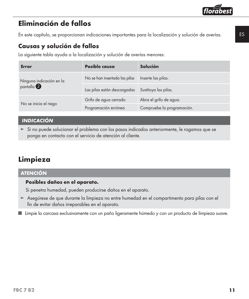 Eliminación de fallos, Limpieza, Causas y solución de fallos | Florabest FBC 7 B2 User Manual | Page 18 / 87