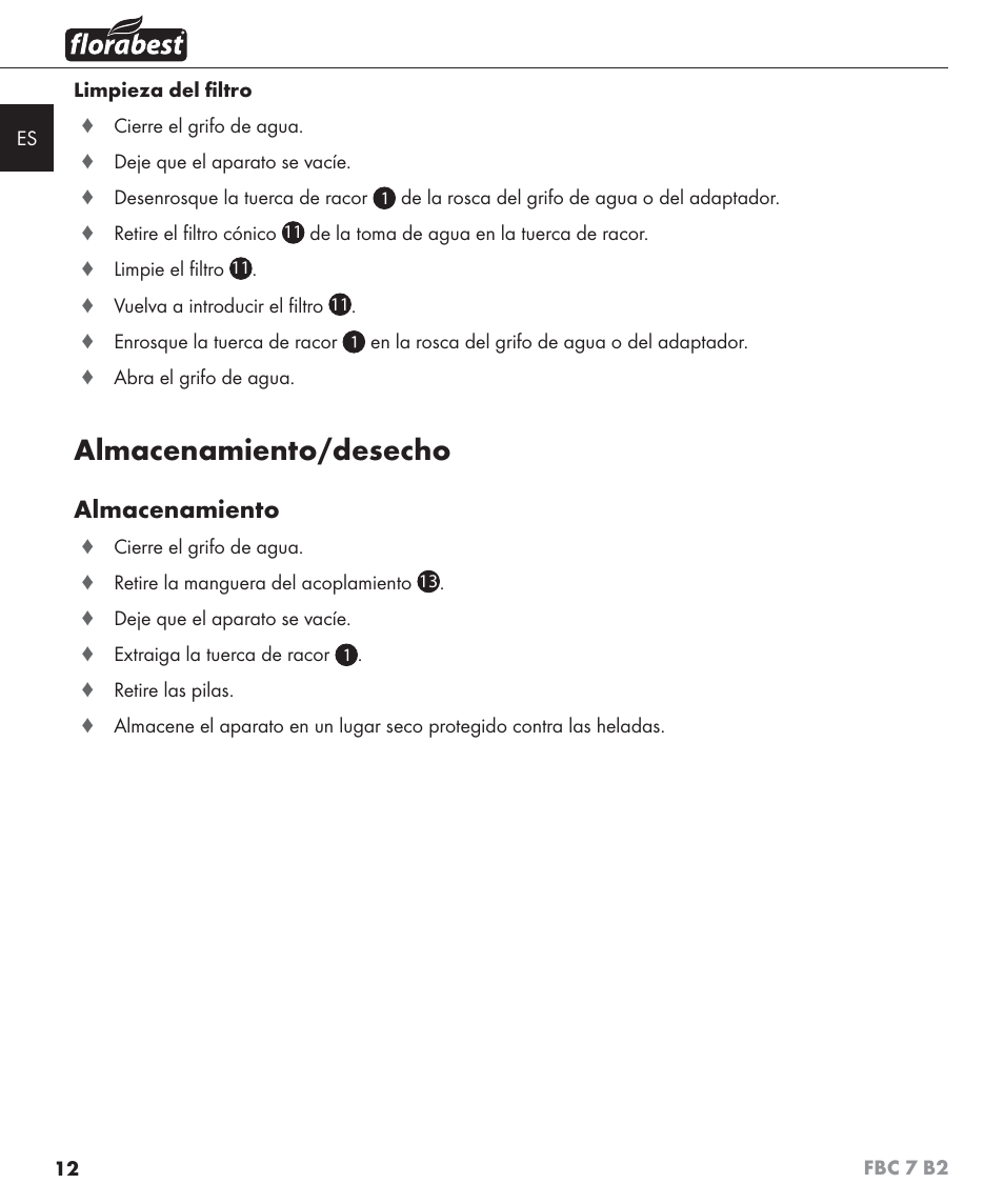 Almacenamiento/desecho, Almacenamiento | Florabest FBC 7 B2 User Manual | Page 19 / 87