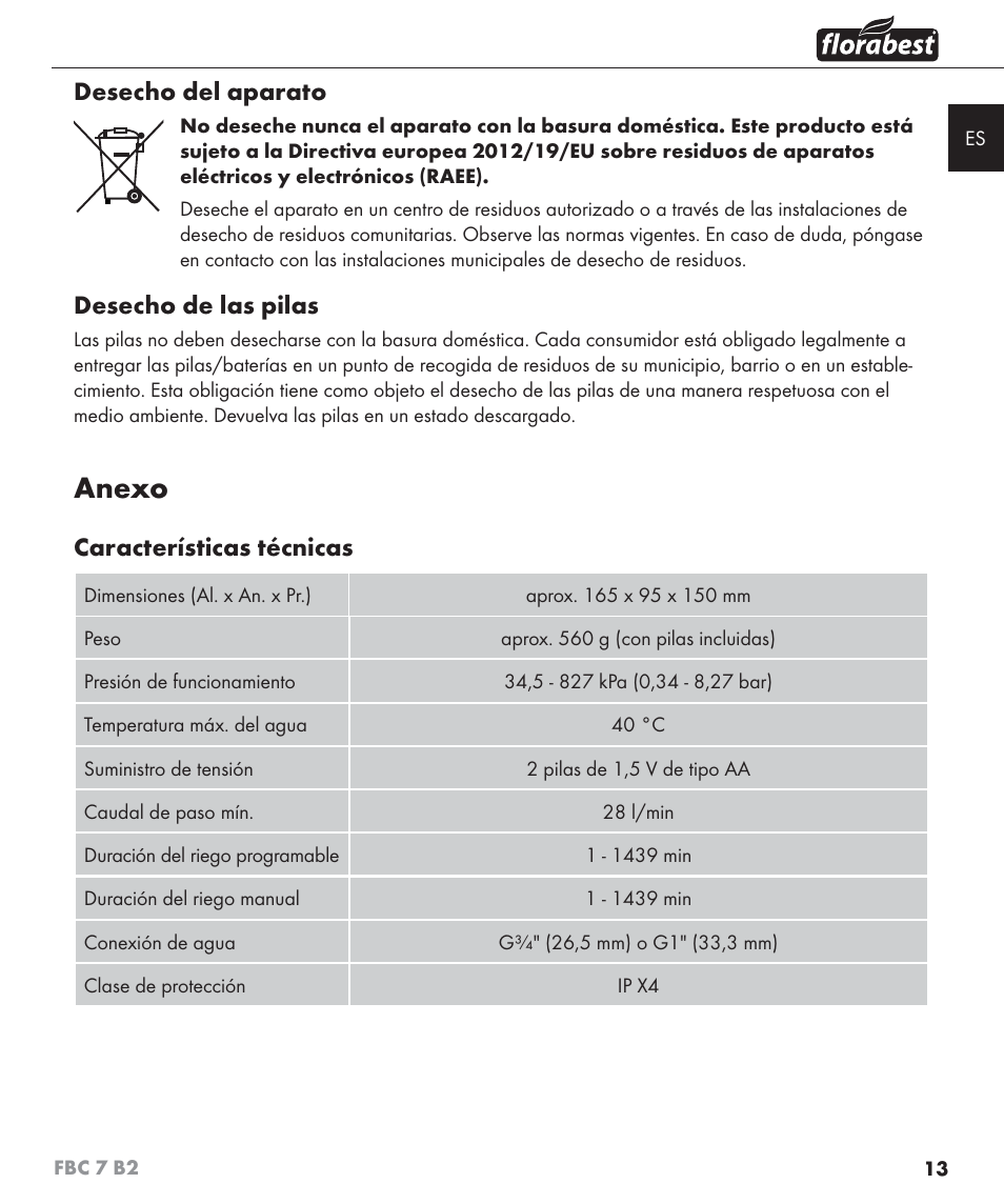 Anexo, Desecho del aparato, Desecho de las pilas | Características técnicas | Florabest FBC 7 B2 User Manual | Page 20 / 87