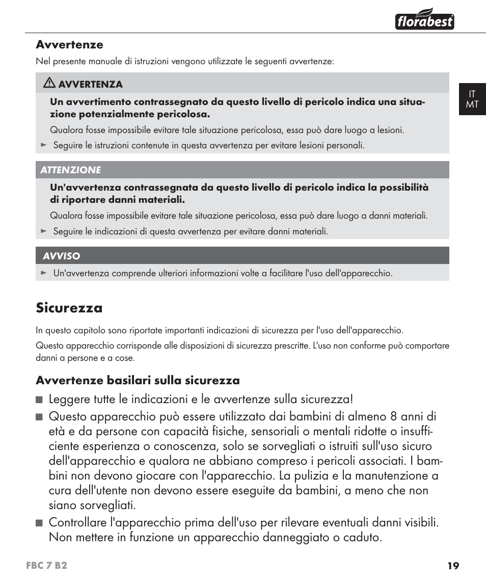 Sicurezza | Florabest FBC 7 B2 User Manual | Page 26 / 87