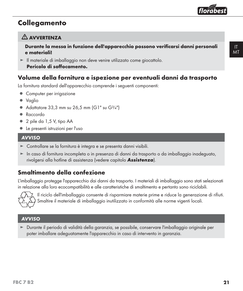 Collegamento, Smaltimento della confezione | Florabest FBC 7 B2 User Manual | Page 28 / 87