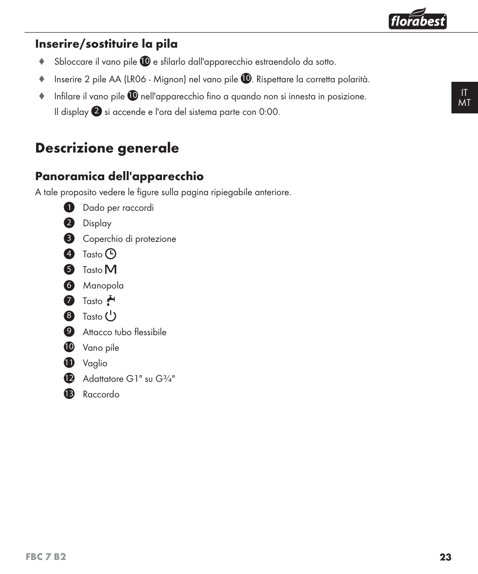 Descrizione generale, Inserire/sostituire la pila, Panoramica dell'apparecchio | Florabest FBC 7 B2 User Manual | Page 30 / 87
