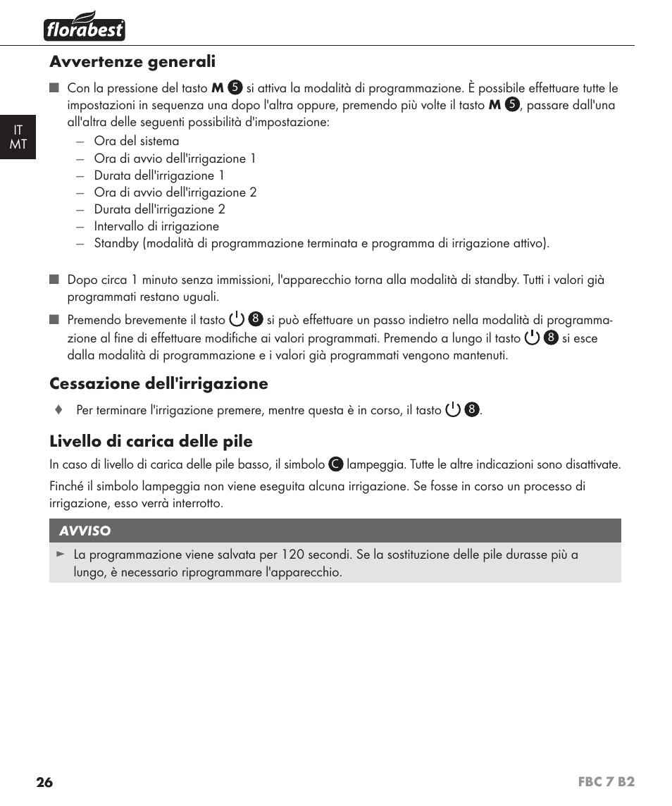 Avvertenze generali, Cessazione dell'irrigazione, Livello di carica delle pile | Florabest FBC 7 B2 User Manual | Page 33 / 87