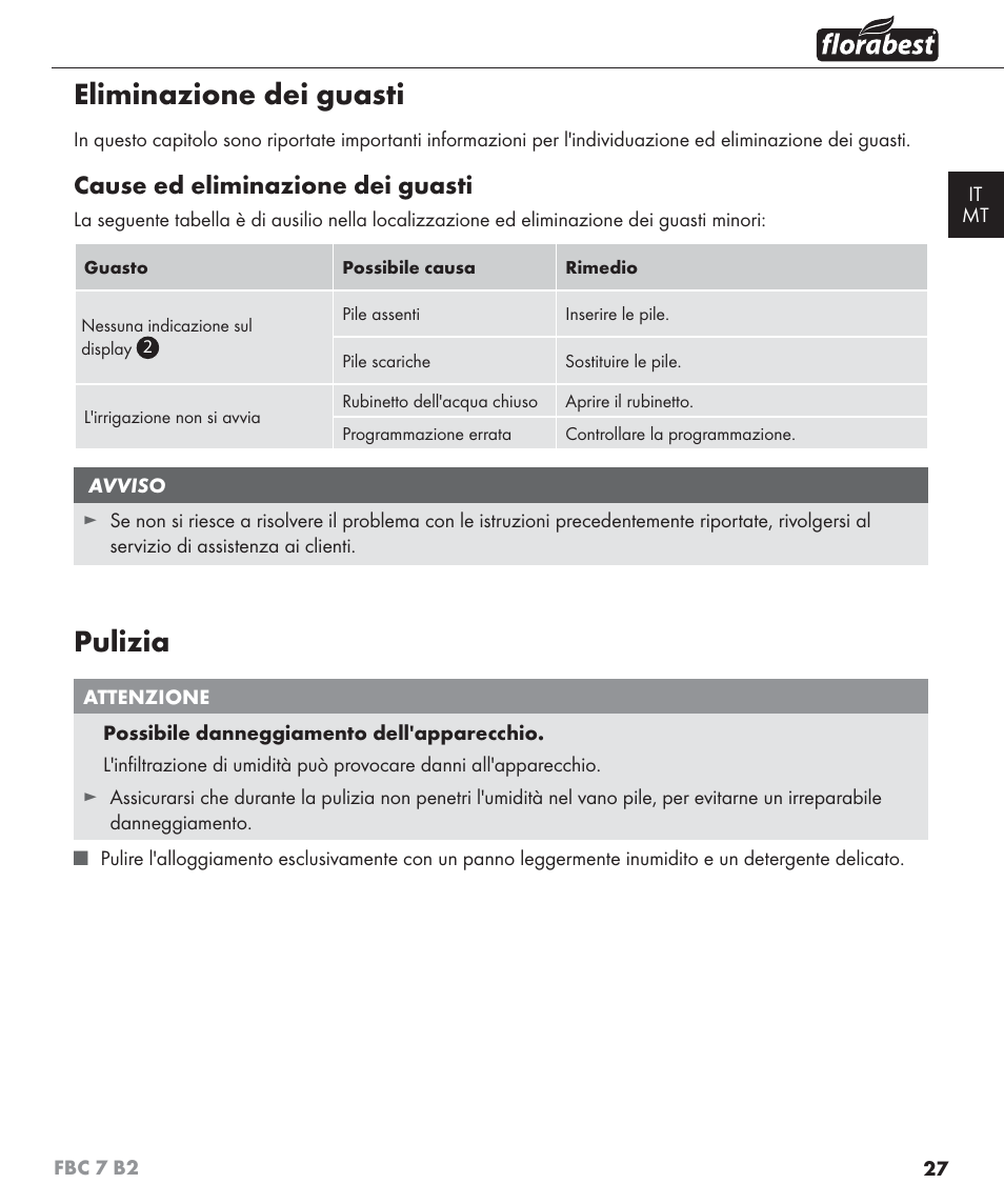Eliminazione dei guasti, Pulizia, Cause ed eliminazione dei guasti | Florabest FBC 7 B2 User Manual | Page 34 / 87