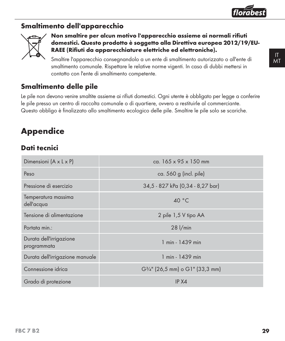 Appendice, Smaltimento dell'apparecchio, Smaltimento delle pile | Dati tecnici | Florabest FBC 7 B2 User Manual | Page 36 / 87