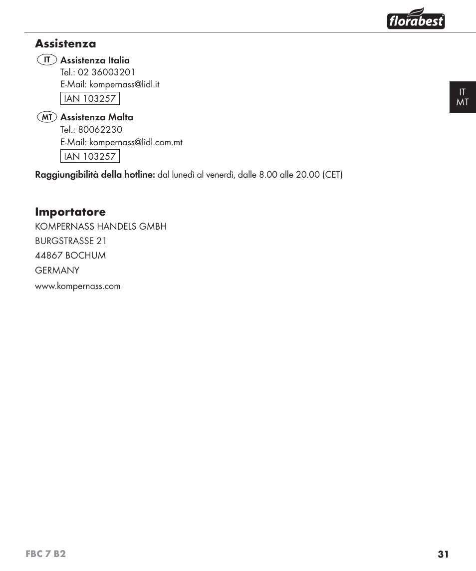 Assistenza, Importatore | Florabest FBC 7 B2 User Manual | Page 38 / 87