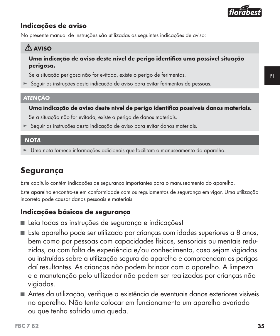 Segurança, Leia todas as instruções de segurança e indicações | Florabest FBC 7 B2 User Manual | Page 42 / 87