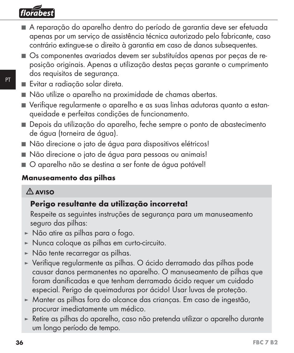 Evitar a radiação solar direta, Não atire as pilhas para o fogo, Nunca coloque as pilhas em curto-circuito | Não tente recarregar as pilhas | Florabest FBC 7 B2 User Manual | Page 43 / 87