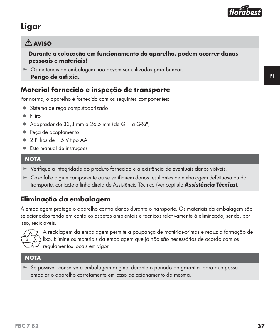 Ligar, Material fornecido e inspeção de transporte, Eliminação da embalagem | Florabest FBC 7 B2 User Manual | Page 44 / 87
