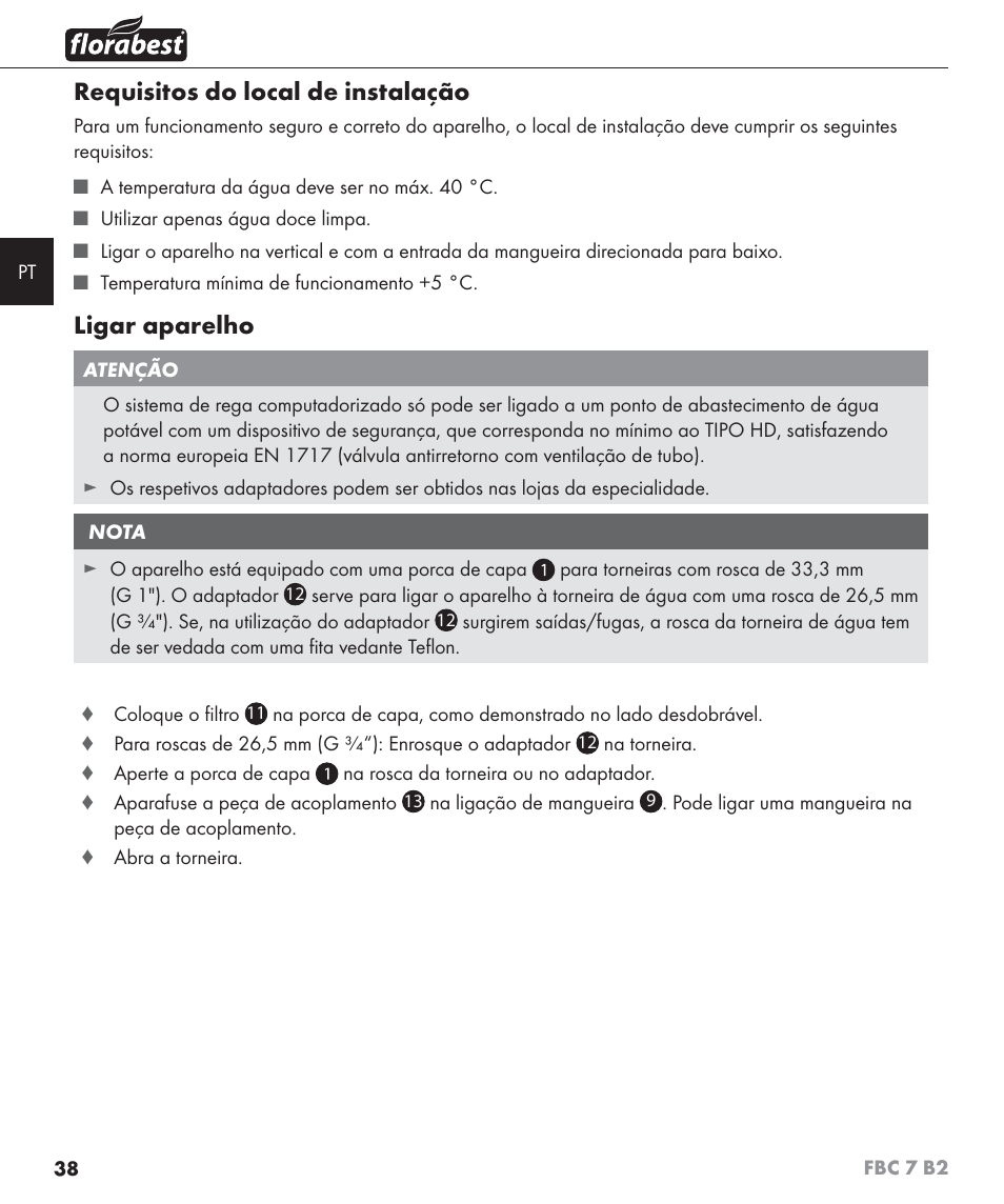 Requisitos do local de instalação, Ligar aparelho | Florabest FBC 7 B2 User Manual | Page 45 / 87
