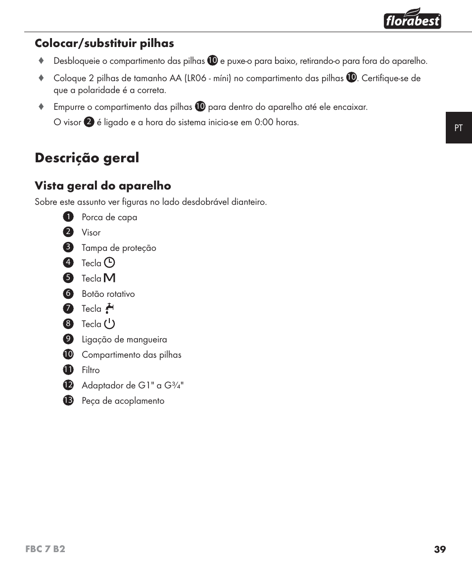 Descrição geral, Colocar/substituir pilhas, Vista geral do aparelho | Florabest FBC 7 B2 User Manual | Page 46 / 87