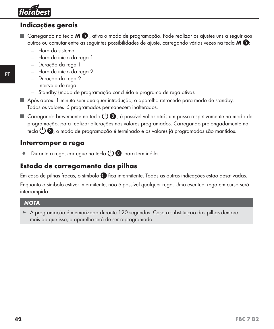Indicações gerais, Interromper a rega, Estado de carregamento das pilhas | Florabest FBC 7 B2 User Manual | Page 49 / 87
